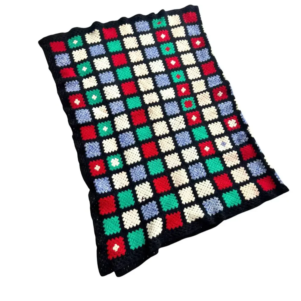 Vintage Granny Square Handmade Afghan Knitted Throw Blanket Multicolor 32”x43”